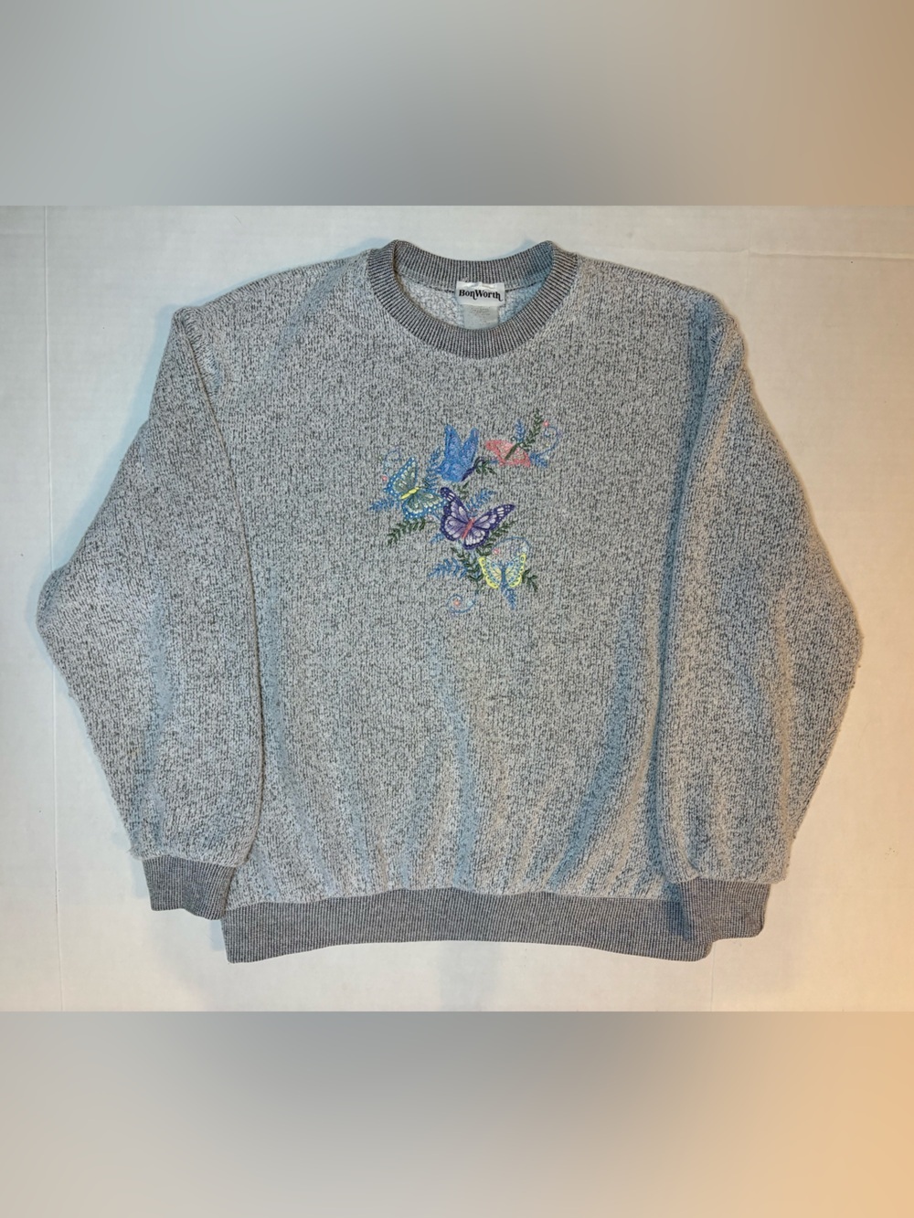 Bon Worth VTG cottagecore gray sweatshirt embroidered butterflies size PM